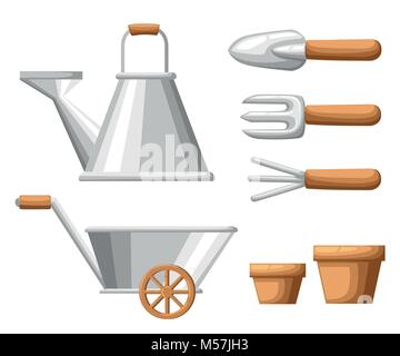 Set of objects for garden iron watering can shovel flower pots rake on white background vector illustration web site page and mobile app design. Stock Vector
