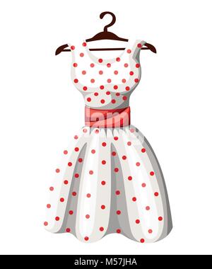 Polka dot dress white dress in red dotted with red belt hanging on wooden hanger vector illustration isolated on white background web site page and mo Stock Vector