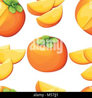Seamless pattern of persimmon with leaves whole and slices of persimmons. Vector illustration for decorative poster, emblem natural product, farmers m Stock Vector