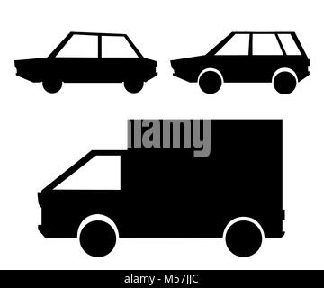 Set of black silhouettes passenger cars and truck vehicles concept logo on white background vector illustration web site page and mobile app design. Stock Vector