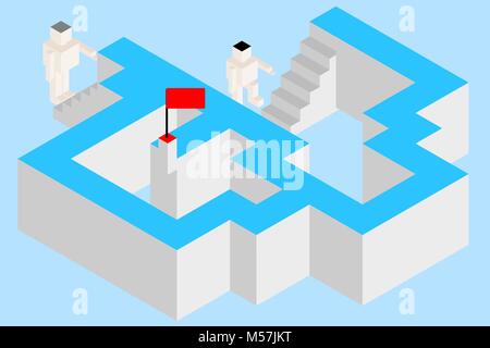 Concepts of business competition, decision making, and problem solving. Two choices with different ways (stairs) to get red flag. Stock Vector