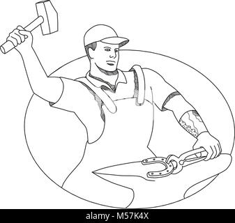 Doodle art illustration of a farrier wielding a hammer striking, forging a horseshoe on anvil done in mandala style. Stock Vector