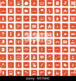 100 war icons set grunge orange Stock Vector
