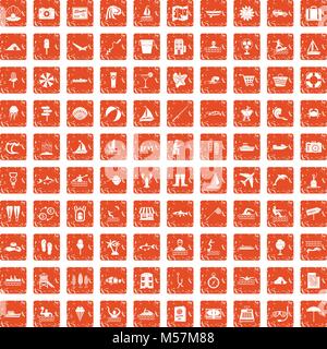 100 water recreation icons set grunge orange Stock Vector