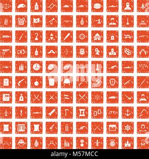 100 weapons icons set grunge orange Stock Vector