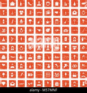100 wedding icons set grunge orange Stock Vector