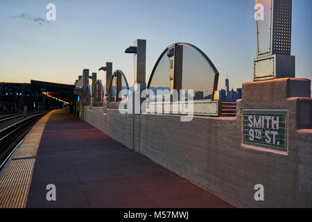 Smith 9th Street subway station in Brooklyn, NY, at Sunset Stock Photo