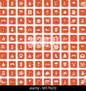 100 winter holidays icons set grunge orange Stock Vector