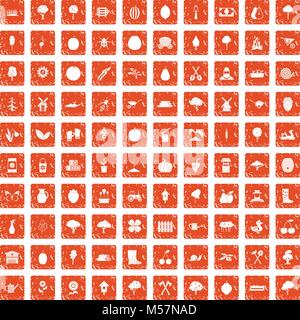 100 agriculture icons set grunge orange Stock Vector