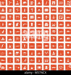 100 world tour icons set grunge orange Stock Vector