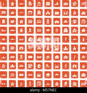 100 building icons set grunge orange Stock Vector