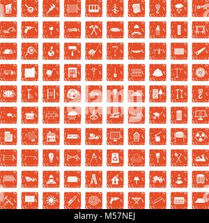 100 building materials icons set grunge orange Stock Vector