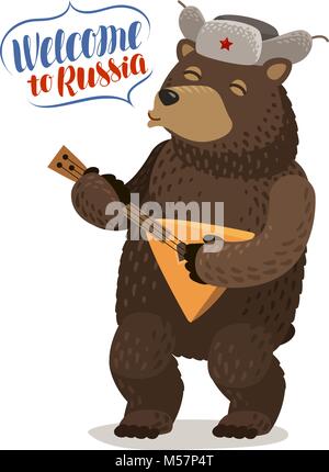 Funny Russian bear in cap with earflaps plays balalaika. Welcome to Russia, lettering vector illustration Stock Vector