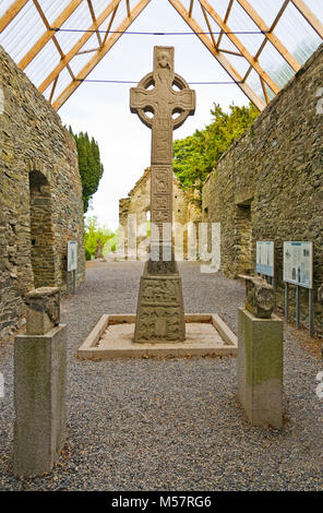 9th Century High Cross of Moone, renovated and undercover, Moone, County Kildare, Ireland Stock Photo
