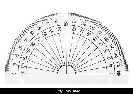 White plastic transparent protractor, isolated on white background