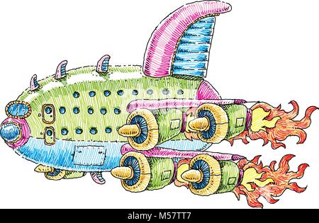 Whimsical cartoon illustration of a rocket-powered, supersonic passenger jet aircraft. Stock Vector