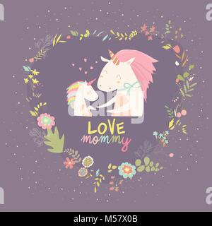 Cute Small Unicorn with Mom in wreath Stock Vector