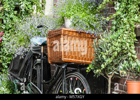 old bike with a wooden bicycle basket place against a wall surrounded by flowers Stock Photo