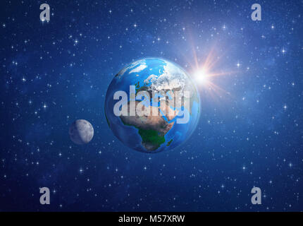 Planet Earth in deep space, focused on Europe, Africa and Asia, with the moon and the sun. 3D illustration - Elements of this image furnished by NASA. Stock Photo