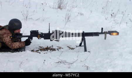 Yavoriv, Ukraine -- A Ukrainian Soldier assigned to 3rd Battalion, 14th Mechanized Brigade operates a DshK machine gun at the Yavoriv Combat Training Center (CTC) here Feb. 16. Currently the 3-14th is completing a training rotation at the CTC where they will be mentored by U.S., Canadian, Lithuanian, Polish, and U.K service members as they strive toward attaining their goal of achieving NATO interoperability. (U.S. Army photo by Sgt. Alexander Rector) Stock Photo