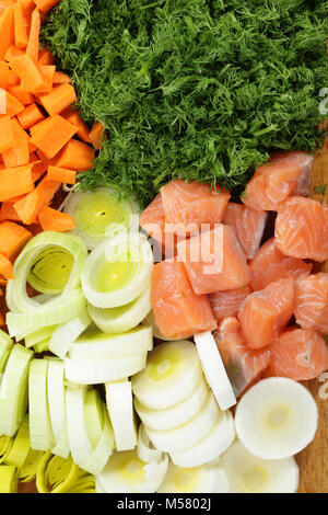 Pieces of salmon, sliced carrot, leek, and dill on a wooden cutting board Stock Photo