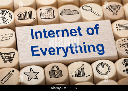 Internet of everything text on wooden block surrounded by various computer icons Stock Photo