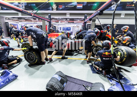 Formula One F1 Red Bull pit crew working on the garage during pit stop Stock Photo