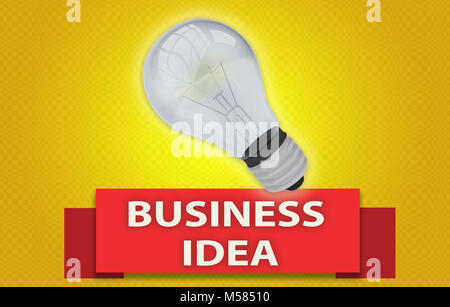 Colorful BUSINESS IDEA concept with red text banner and 3d rendered domestic light bulb, isolated with a glow around it over a golden background Stock Photo