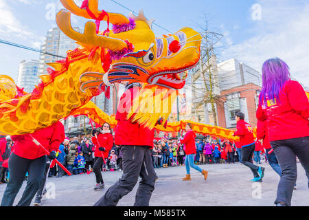 VanCity Credit Union Dragon Dance team, Chinese Lunar New Year Parade, Chinatown, Vancouver, British Columbia, Canada. Stock Photo