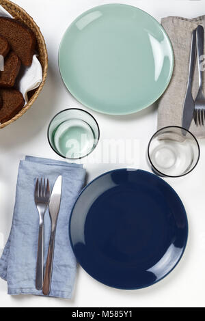 Table setting for two persons. Top view Stock Photo