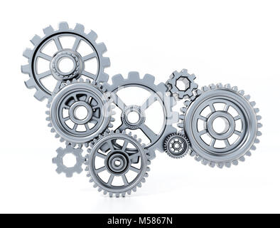 Gears in motion representing teamwork and cooperation. 3D illustration. Stock Photo