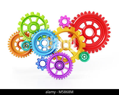 Gears in motion representing teamwork and cooperation. 3D illustration. Stock Photo