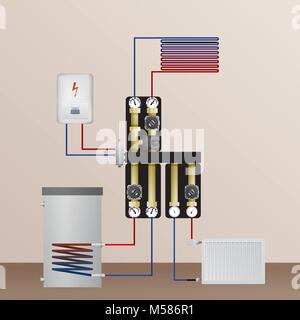 Electrical boiler in the heating system. Vector illustration. The HVAC equipment. Hydraulic strapping. Underfloor heating, radiator and water heating. Stock Vector
