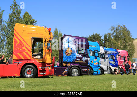 PORVOO, FINLAND - JUNE 28, 2014: Colorful show trucks on display at Riverside Truck Meeting 2014 in Porvoo, Finland. Stock Photo