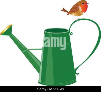 A cartoon watering  can witha robin redbreast bird perched on the handle Stock Vector