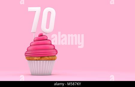 Number 70 pink birthday celebration cupcake. 3D Rendering Stock Photo