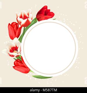Frame with red and white tulips. Beautiful realistic flowers and buds Stock Vector