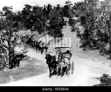 Grand Canyon National Park Horse drawn Tour. 2 HORSE-DRAWN TOURING COACHES  TRAVELING ON THE NEWLY COMPLETED HERMIT ROAD (WEST RIM DRIVE) 05 DECEMBER 1911. PHOTO SMITH, USNFS.  Hermit Road is a scenic route along the west end of Grand Canyon Village on the South Rim which follows the rim for 7 miles (11 km) out to Hermits Rest. This extremely popular route is accessed by free park shuttle bus, foot, bicycle, or commercial bus tour most of the year, with private vehicles allowed only during winter months of December, January and February.  The location from where this photo was taken is along t Stock Photo