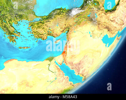 Satellite view of Israel highlighted in red on planet Earth with clouds. 3D illustration. Elements of this image furnished by NASA. Stock Photo