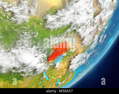 Satellite view of Uganda highlighted in red on planet Earth with clouds. 3D illustration. Elements of this image furnished by NASA. Stock Photo