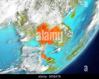 Satellite view of Thailand highlighted in red on planet Earth with clouds. 3D illustration. Elements of this image furnished by NASA. Stock Photo