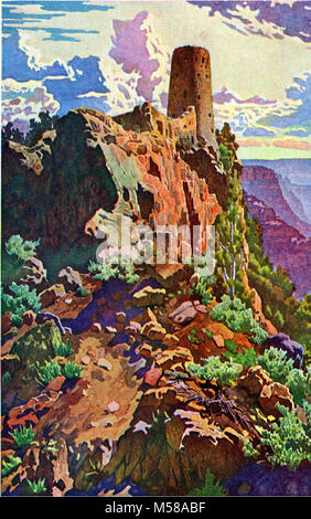 Grand Canyon Nat Park Widforss Postcard H. A worm’s-eye view of the Watchtower, built as prehistoric man might have built, on the brink of the Canyon wall, letting the natural weathered shapes of Canyon Stone dictate the character of the masonry. The Watchtower, designed for the comfort and convenience of the traveler, extends to the ultimate the titanic panorama of canyon, desert and forest which Desert View Point commands.  One of 10 Grand Canyon postcards from paintings by Gunnar Widforss published in 1932 by Fred Harvey. Stock Photo