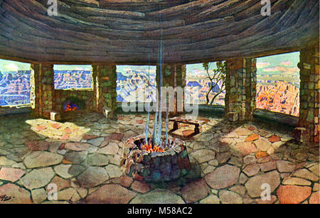 Grand Canyon Nat Park Widforss Postcard H. The low, round Kiva, forty feet in diameter, built at the base of the Watchtower at Desert View, lies half buried in its foundation of green stained Canyon boulders. In all details it reproduces the prehistoric Kiva or ceremonial chamber, except for the introduction of great windows overlooking the magnificent panorama of Canyon and Desert. Built for the shelter and entertainment of the traveler, it affords a most comfortable and fascinating lounge room.  One of 10 Grand Canyon postcards from paintings by Gunnar Widforss published in 1932 by Fred Harv Stock Photo