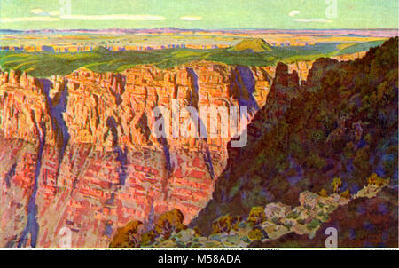 Grand Canyon Nat Park Widforss Postcard H. The artist, Gunnar Widforss, has given his conception of one “Sunset on the Painted Desert” as seen from the roof of the Watchtower at Desert View. Nowhere in the world has the sun a greater chance to set in glory then here where the Painted Desert and the Grand Canyon meet.  One of 10 Grand Canyon postcards from paintings by Gunnar Widforss published in 1932 by Fred Harvey. Stock Photo