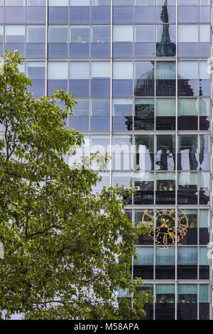 reflection of St. Michael's Church in glass facade, Hamburg, Germany Stock Photo