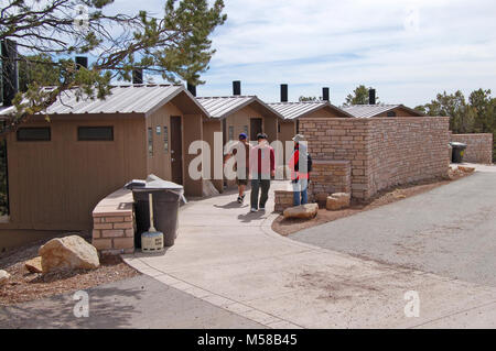 Grand Canyon National Park Hermits Rest   Restrooms . Hermit Road is a scenic route along the west end of Grand Canyon Village on the South Rim which follows the rim for 7 miles (11 km) out to Hermits Rest. This extremely popular route is accessed by free park shuttle bus, foot, bicycle, or commercial bus tour most of the year, with private vehicles allowed only during winter months.  Along the rim are nine designated viewpoints where the free Hermits Rest Route shuttle bus stops. The Rim Trail also follows the rim of the canyon for 7.8 miles (12.6 km) along Hermit Road and offers the opportun Stock Photo