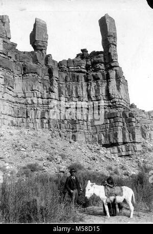 grca  Havasupai Canyon . HAVASUPAI WOMAN IN LONG DRESS BEHIND WHITE BURRO.  MAN WEARING SUIT TO THE LEFT.  OLD CATALOG CARD J.D. HUGHES SAYS MAN MIGHT BE C. OSBORN.  PICTURE BELOW WIGLEEYA ROCKS NEAR SUPAI VILLAGE.  LABELED ON FRONT MOQUI INDIAN, FLAGSTAFF, AZ, NOV. 16TH, 1895;  IN PEN AND (SUPAI INDIAN); IN PENCIL.  ..Historic photo from , Stock Photo