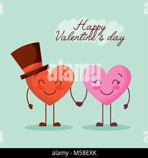 happy valentines day greeting card couple kawaii heart holding hands Stock Vector