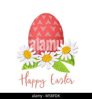 Easter red egg and daisy wreath. Decorated festive egg with simple abstract ornaments. Spring holiday. Vector Illustration. Daisy flower background, c Stock Vector