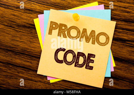 Conceptual hand writing text caption inspiration showing Promo Code. Business concept for Promotion for Online Business written on sticky note paper o Stock Photo